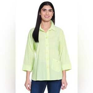 NWT Ali Miles Plus Sz 2X Woven Button Front Blouse 3/4 Sleeves Stripes Soft Lime